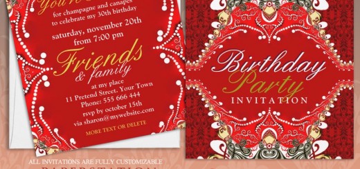 Exotic Red Batik Damask Birthday Party Customizable Invitations