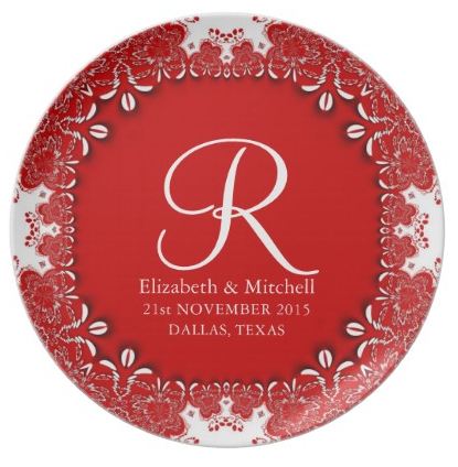 Red Vintage Decor Lace Monogram Wedding Gift Plate
