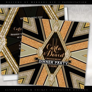 Art Deco Goldy Engagement Dinner Party Invitations
