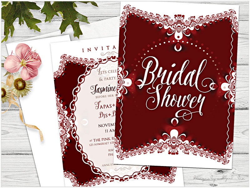 Bohemian Lace Red and White Bridal Shower Invitation